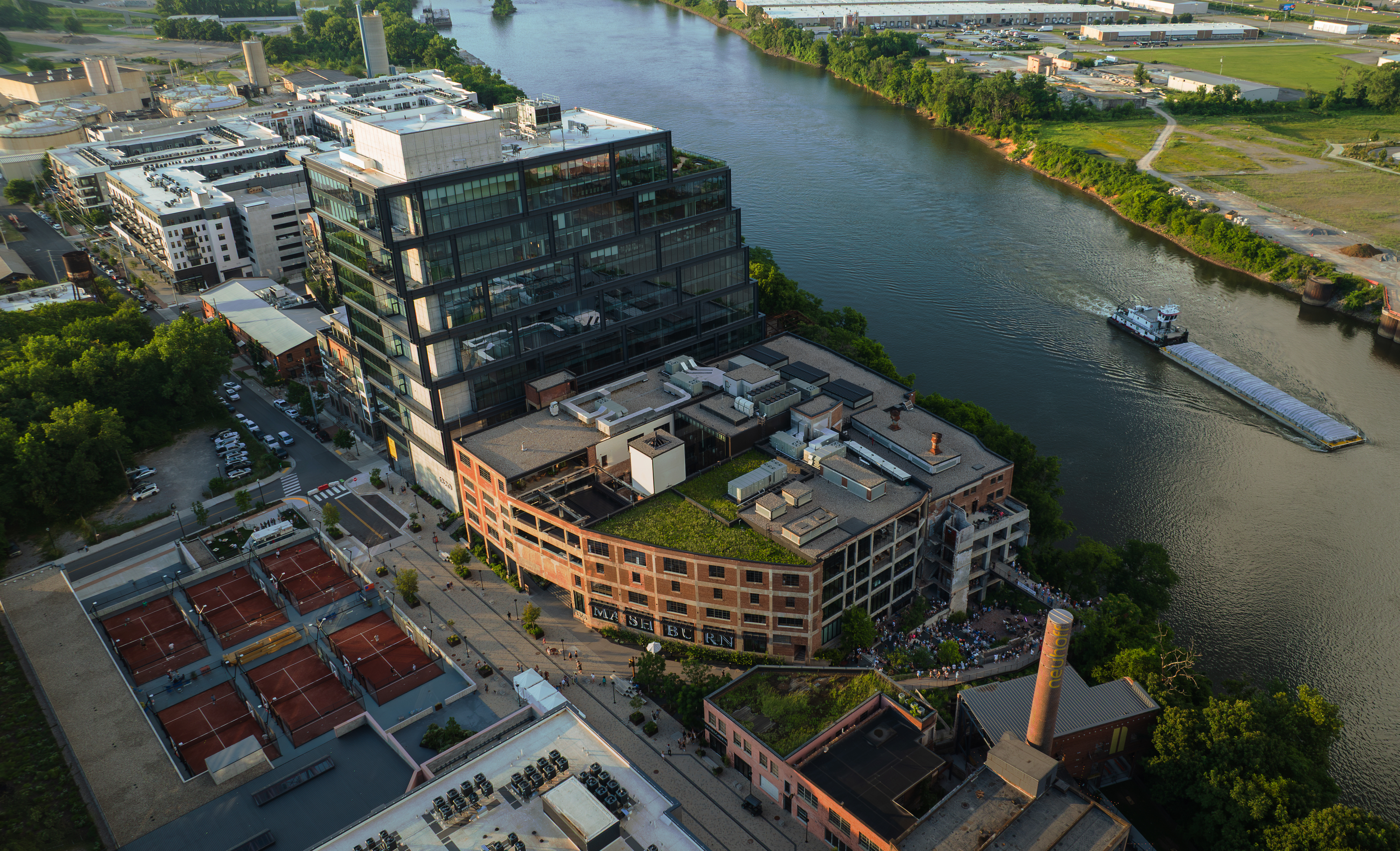 Aerial view of Neuhoff District campus on the Cumberland River